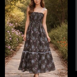 Vtg 70's Arjon California Smocked Floral Maxi Dress Boho Cottagecore Prairie